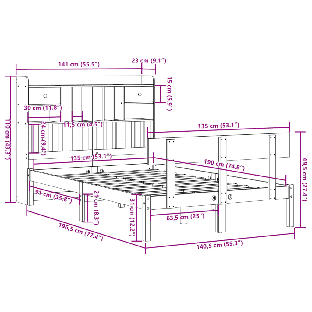 Bookcase Bed without Mattress White 135x190 cm Double Solid Wood Pine