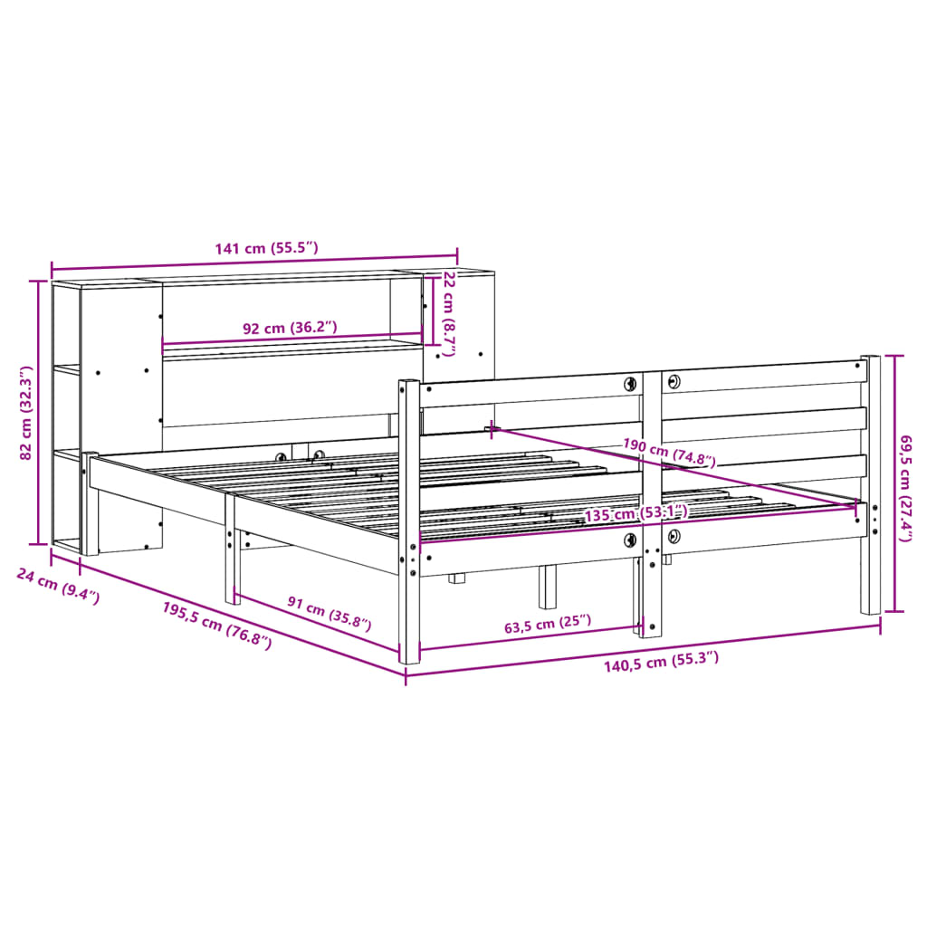 Bookcase Bed without Mattress 135x190 cm Double Solid Wood Pine