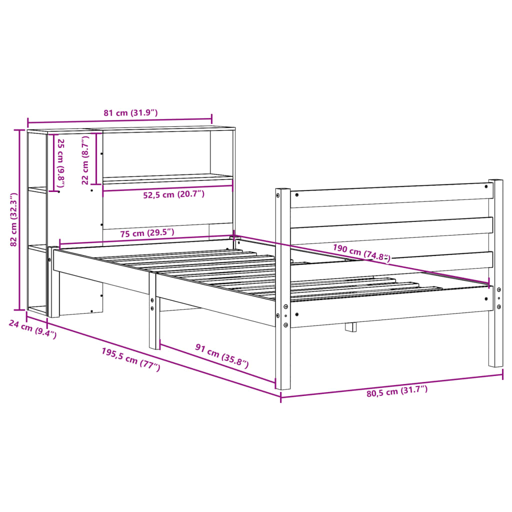 Bookcase Bed without Mattress Wax Brown 75x190 cm Small Single Solid Wood