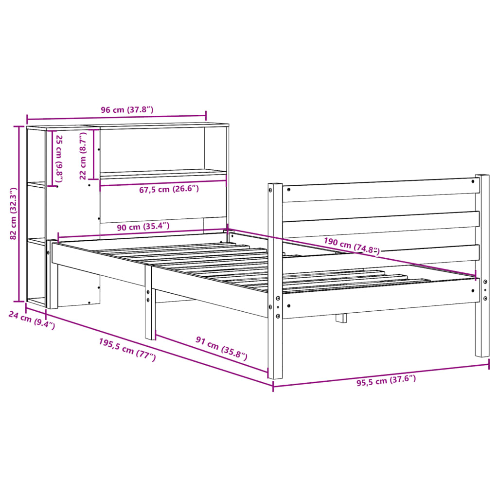 Bookcase Bed without Mattress Wax Brown 90x190 cm Single Solid Wood