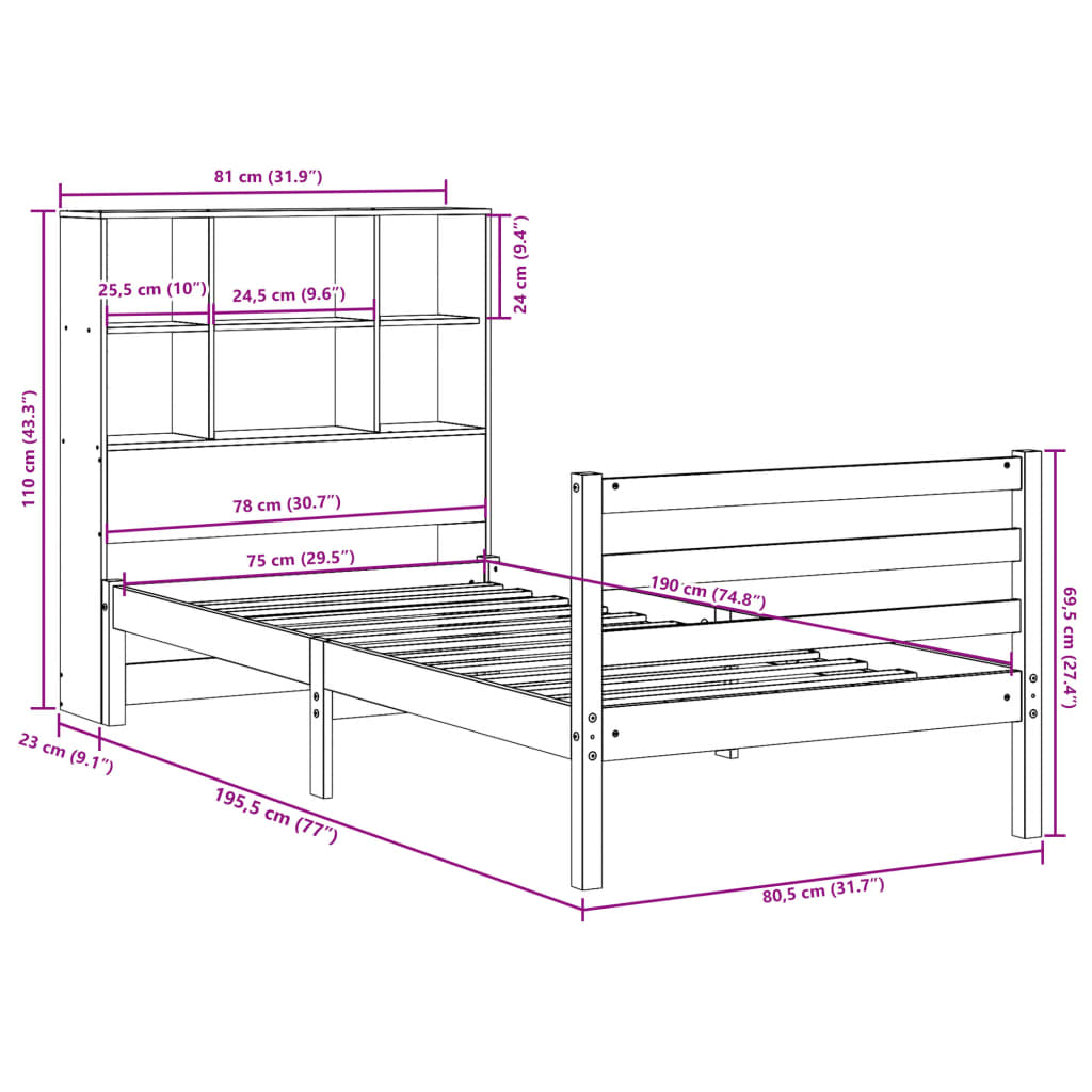 Bookcase Bed without Mattress 75x190 cm Small Single Solid Wood Pine