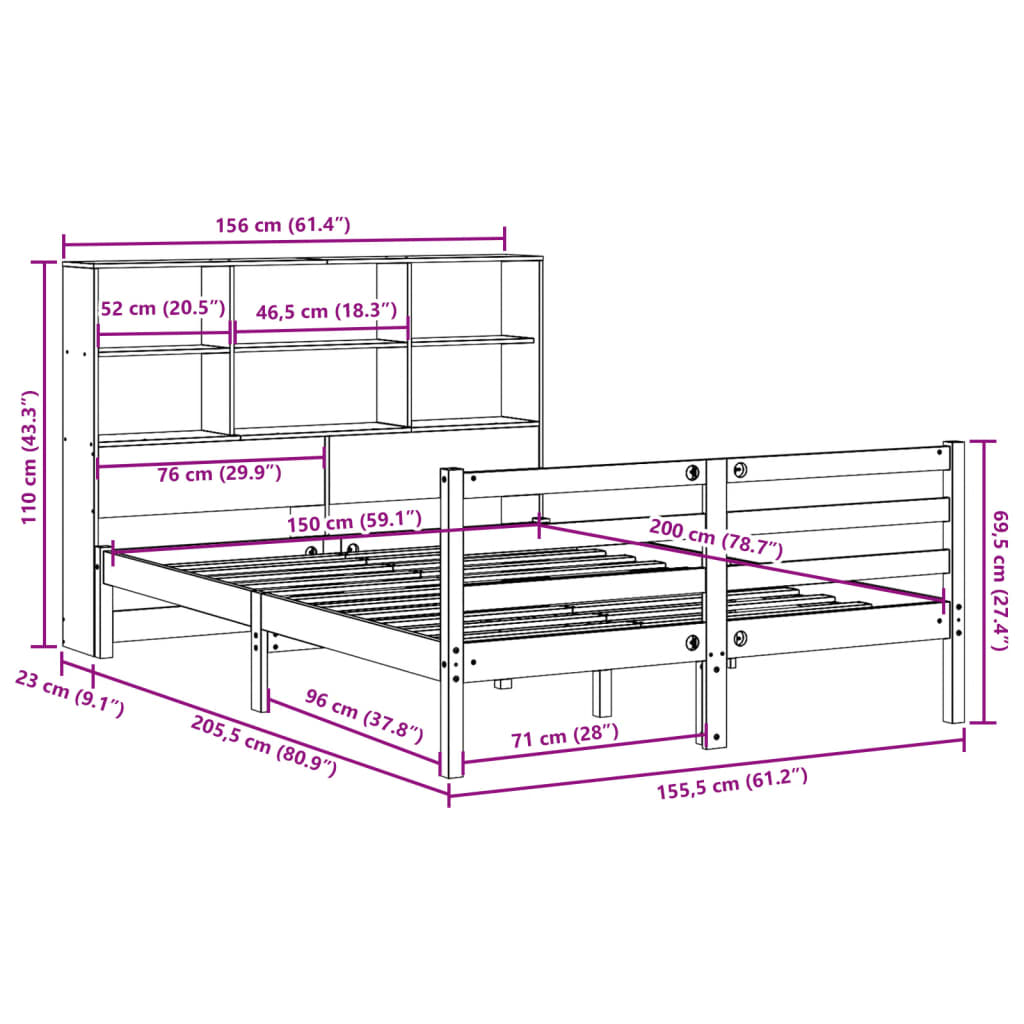 Bookcase Bed without Mattress 150x200 cm King Size Solid Wood Pine