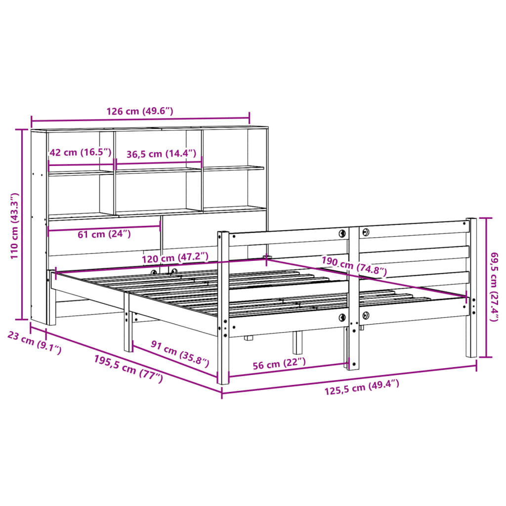 Bookcase Bed without Mattress Wax Brown 120x190 cm Small Double Solid Wood