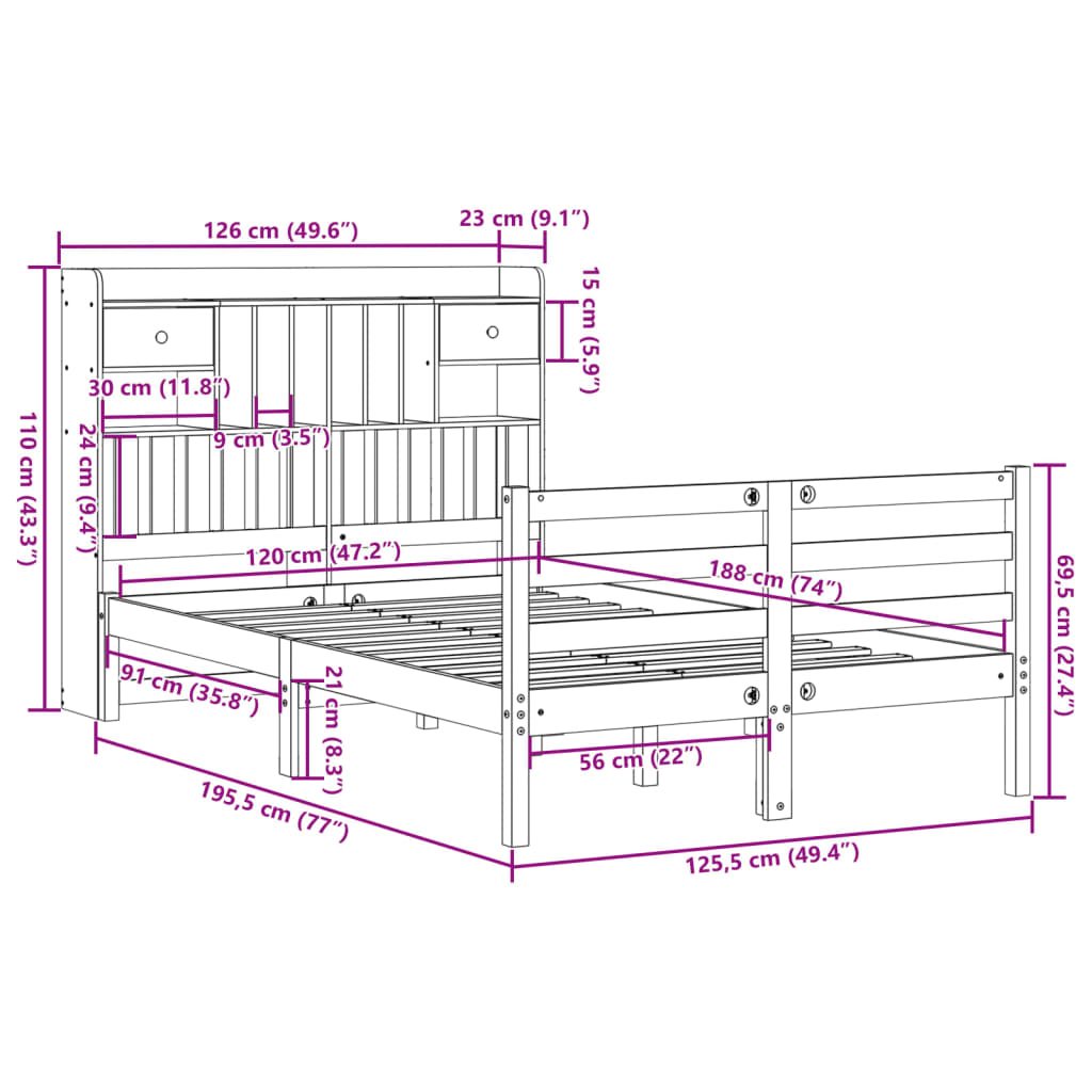 Bookcase Bed without Mattress White 120x190 cm Small Double Solid Wood Pine