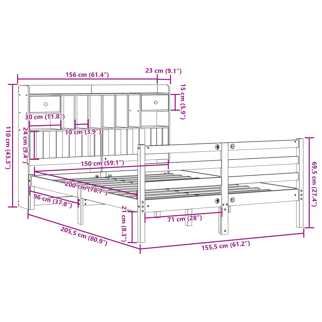 Bookcase Bed without Mattress 150x200 cm King Size Solid Wood Pine