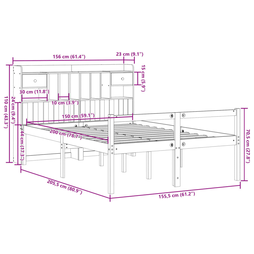 Bookcase Bed without Mattress White 150x200 cm King Size Solid Wood Pine