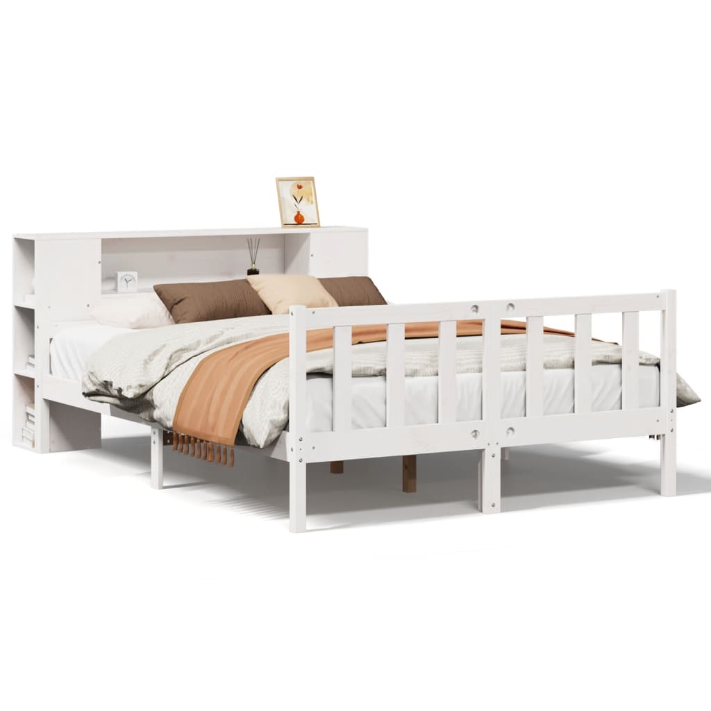 Bookcase Bed without Mattress White 150x200 cm King Size Solid Wood Pine