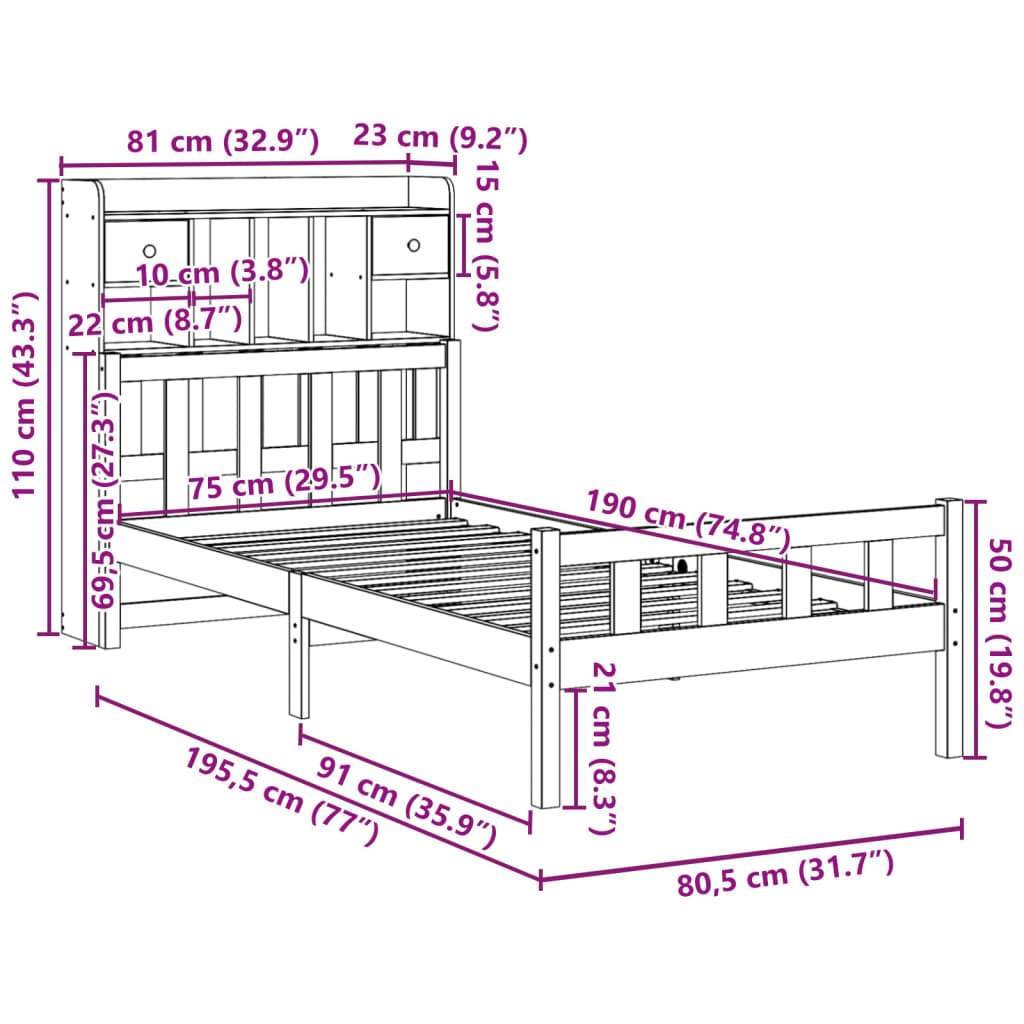 Bookcase Bed without Mattress 75x190 cm Small Single Solid Wood Pine