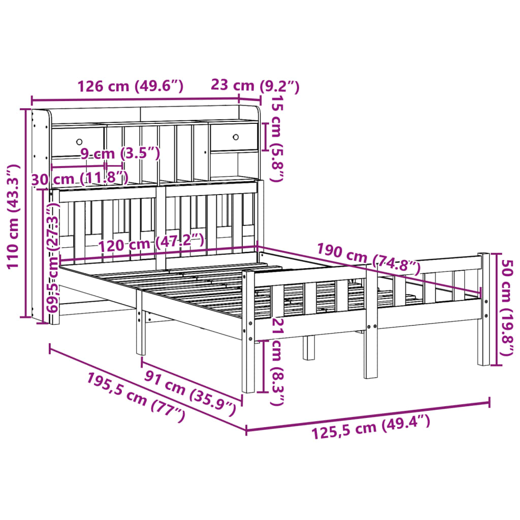 Bookcase Bed without Mattress 120x190 cm Small Double Solid Wood Pine