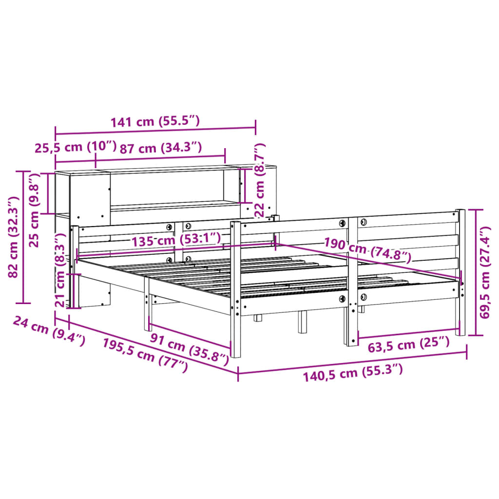 Bookcase Bed without Mattress 135x190 cm Double Solid Wood Pine