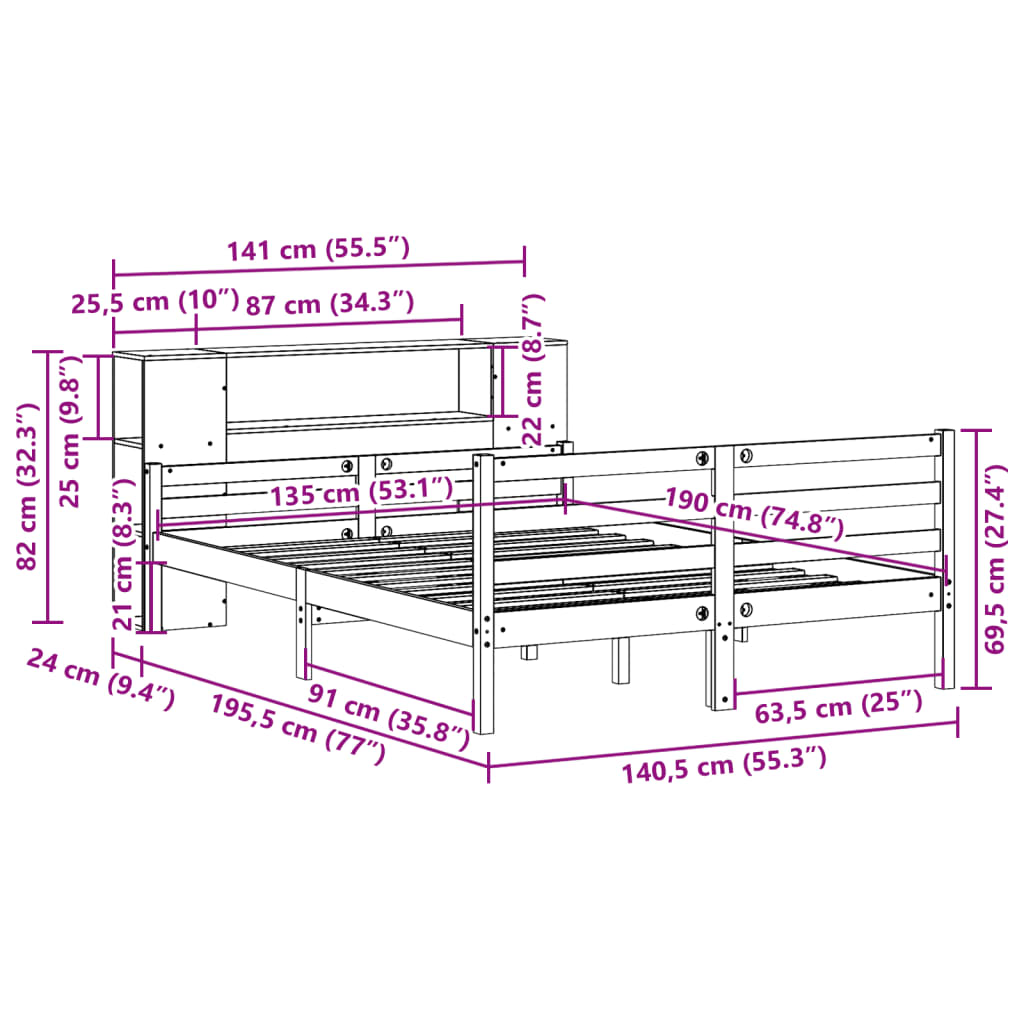 Bookcase Bed without Mattress White 135x190 cm Double Solid Wood Pine