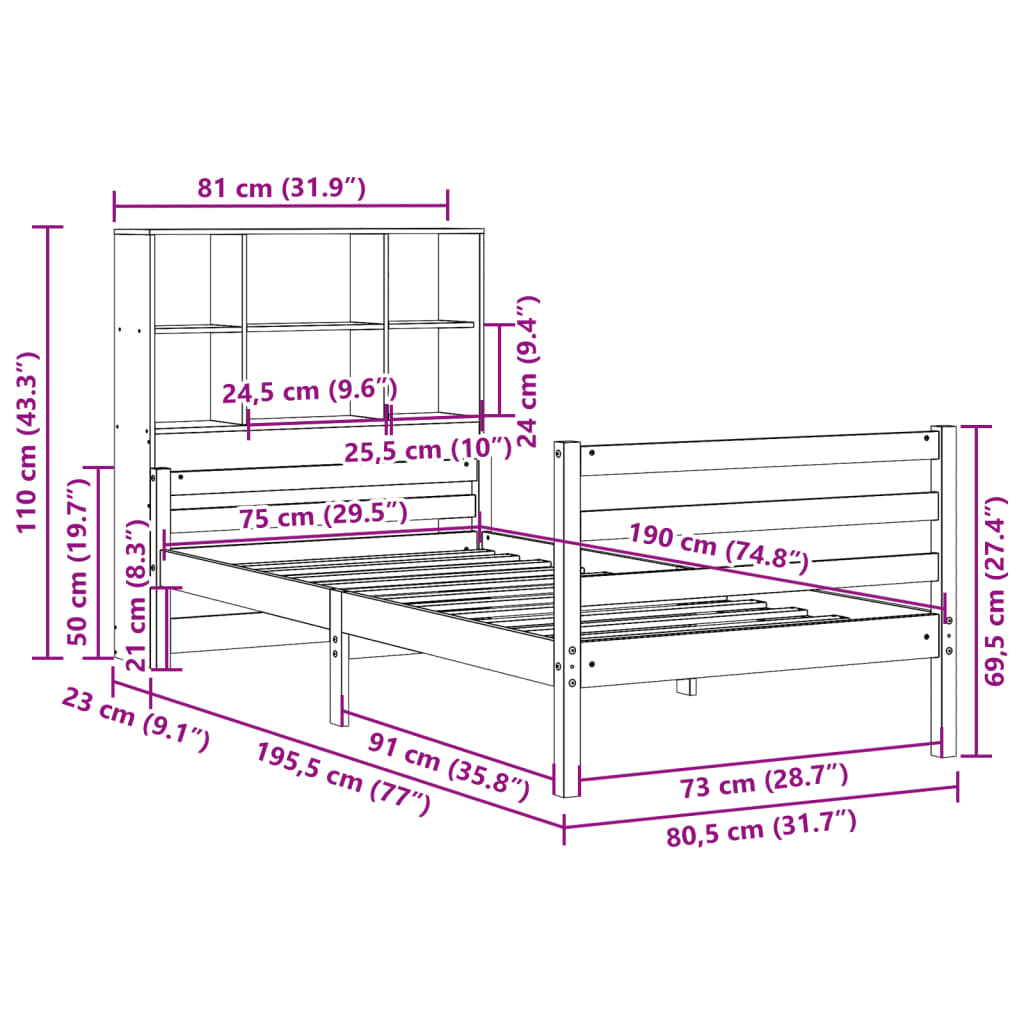 Bookcase Bed without Mattress 75x190 cm Small Single Solid Wood Pine