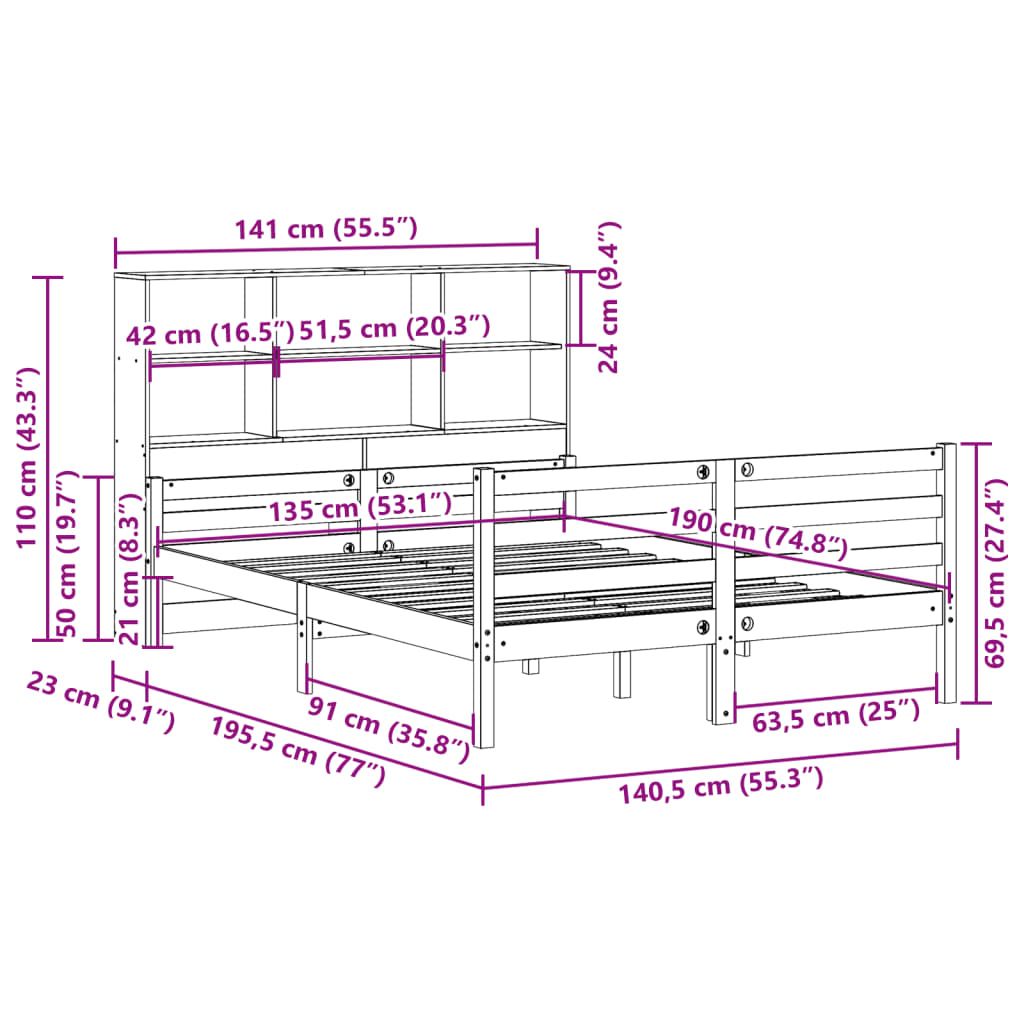 Bookcase Bed without Mattress 135x190 cm Double Solid Wood Pine