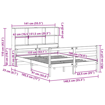 Bookcase Bed without Mattress White 135x190 cm Double Solid Wood Pine