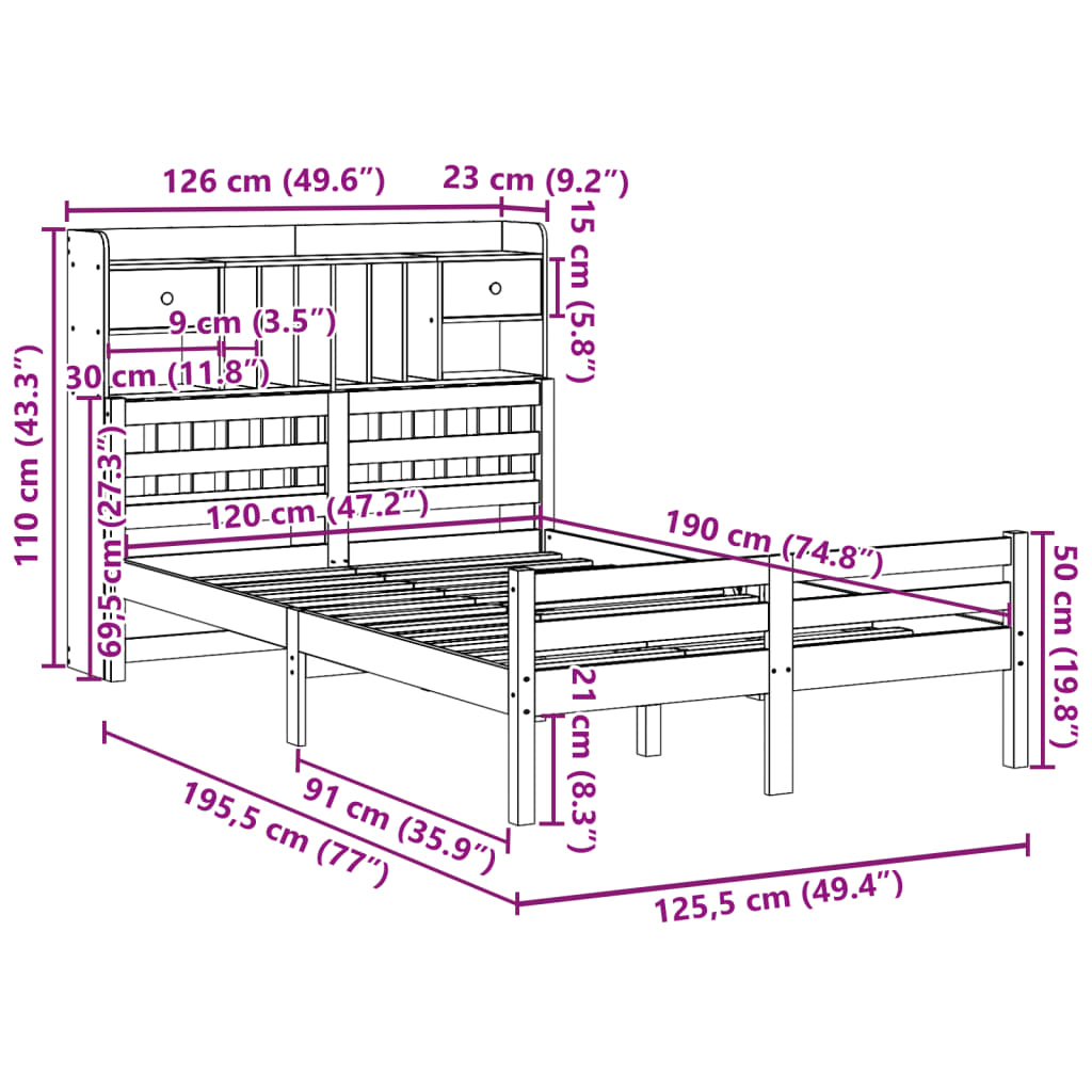 Bookcase Bed without Mattress 120x190 cm Small Double Solid Wood Pine