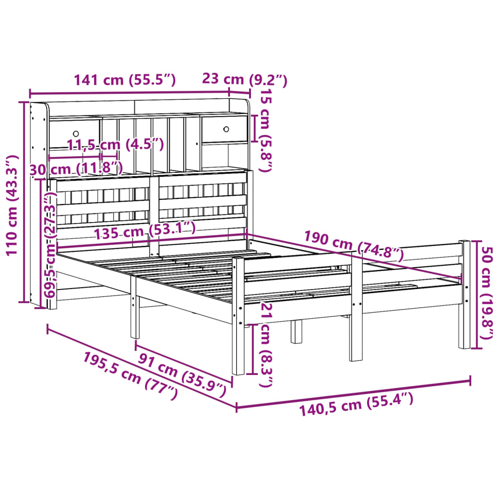 Bookcase Bed without Mattress 135x190 cm Double Solid Wood Pine