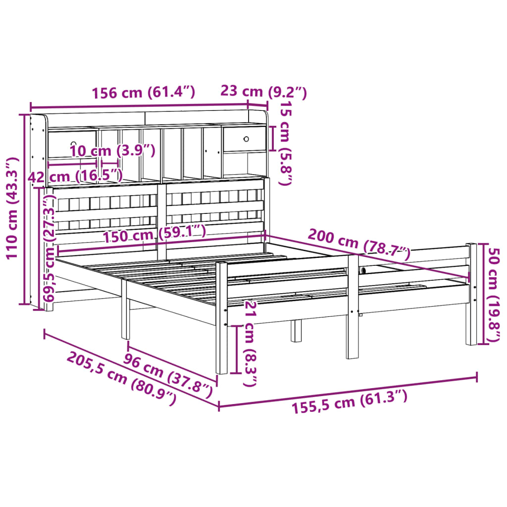 Bookcase Bed without Mattress 150x200 cm King Size Solid Wood Pine