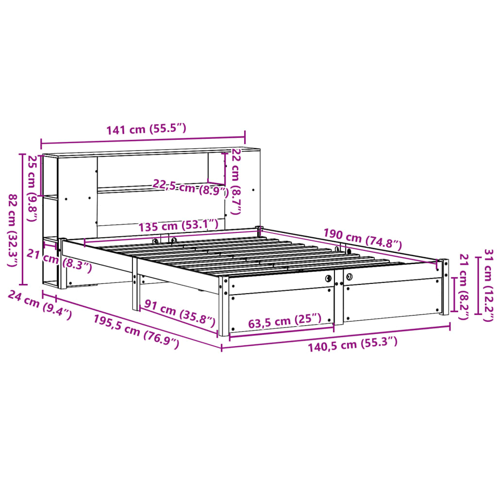 Bookcase Bed without Mattress White 135x190cm Double Solid Wood Pine