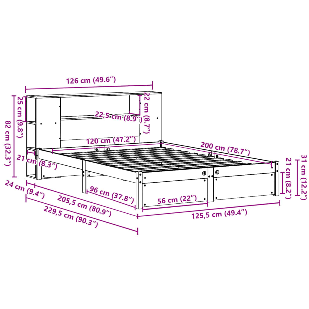 Bookcase Bed without Mattress 120x200cm Solid Wood Pine