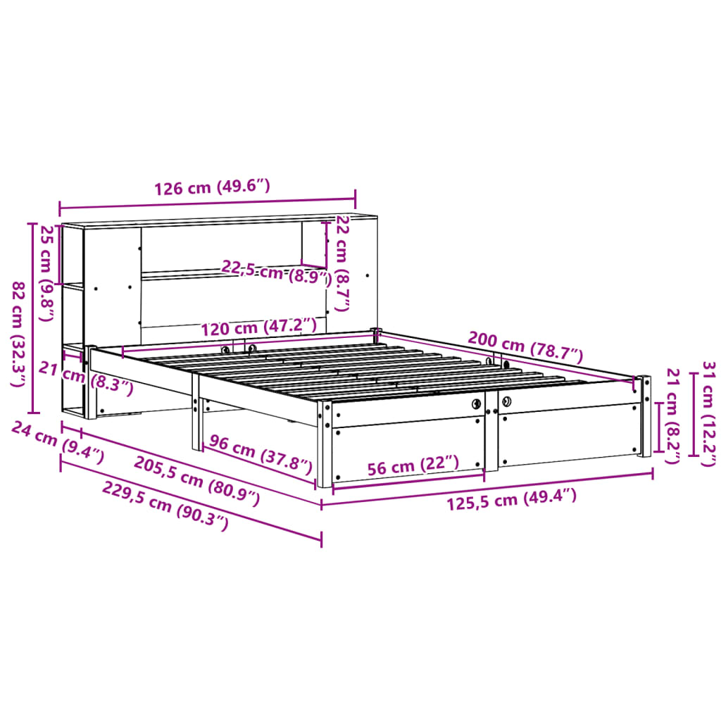 Bookcase Bed without Mattress White 120x200cm Solid Wood Pine