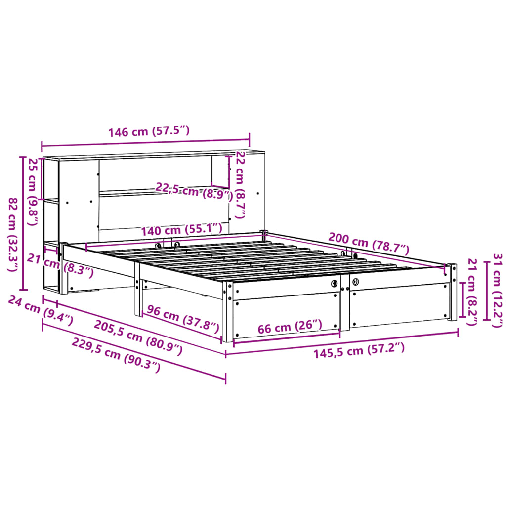 Bookcase Bed without Mattress 140x200cm Solid Wood Pine