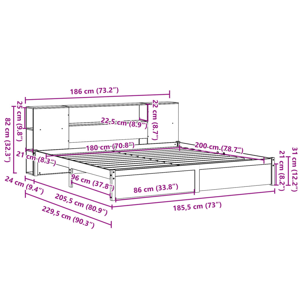 Bookcase Bed without Mattress White 180x200cm Super King Solid Wood Pine