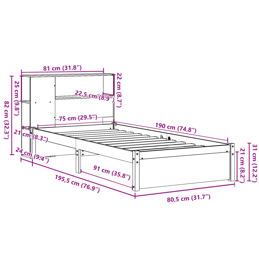 Bookcase Bed without Mattress 75x190cm Small Single Solid Wood Pine