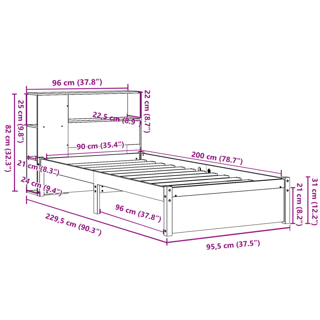 Bookcase Bed without Mattress White 90x200cm Solid Wood Pine