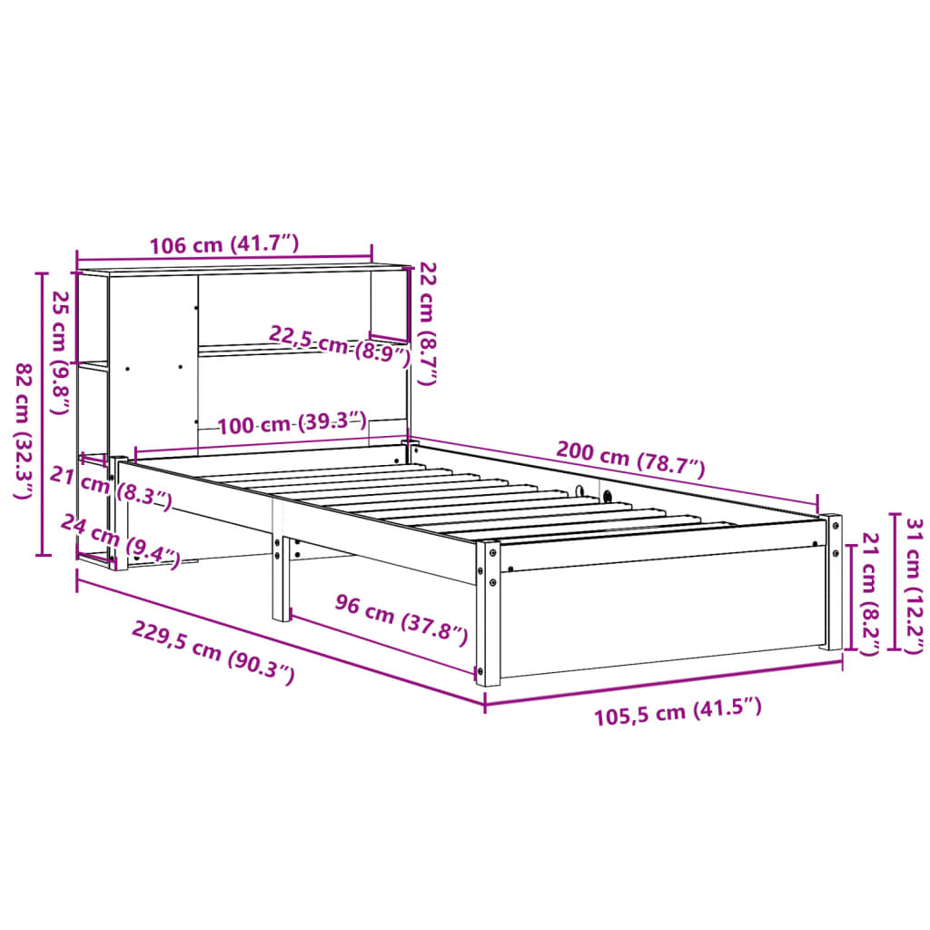 Bookcase Bed without Mattress 100x200cm Solid Wood Pine