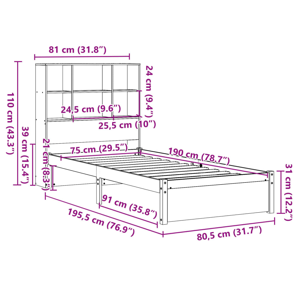 Bookcase Bed without Mattress 75x190cm Small Single Solid Wood Pine