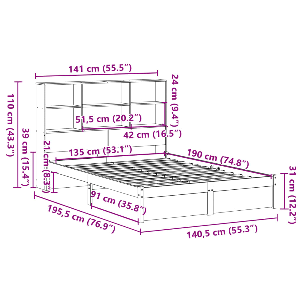 Bookcase Bed without Mattress White 135x190cm Double Solid Wood Pine