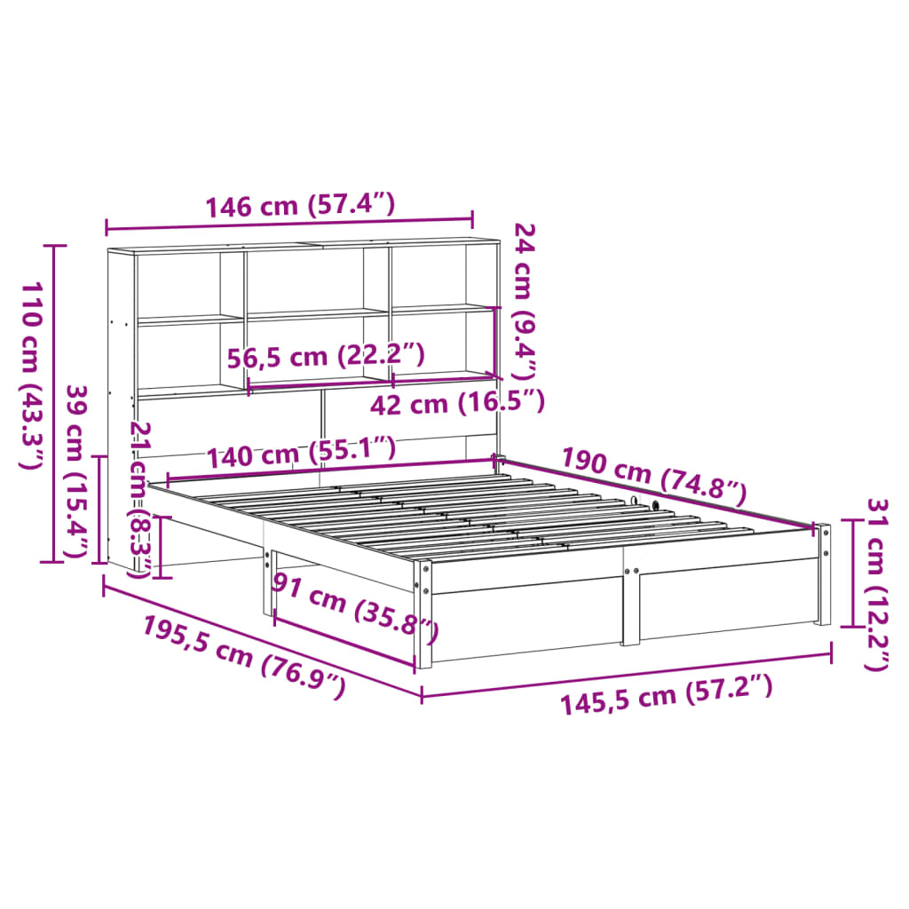 Bookcase Bed without Mattress White 140x190cm Solid Wood Pine