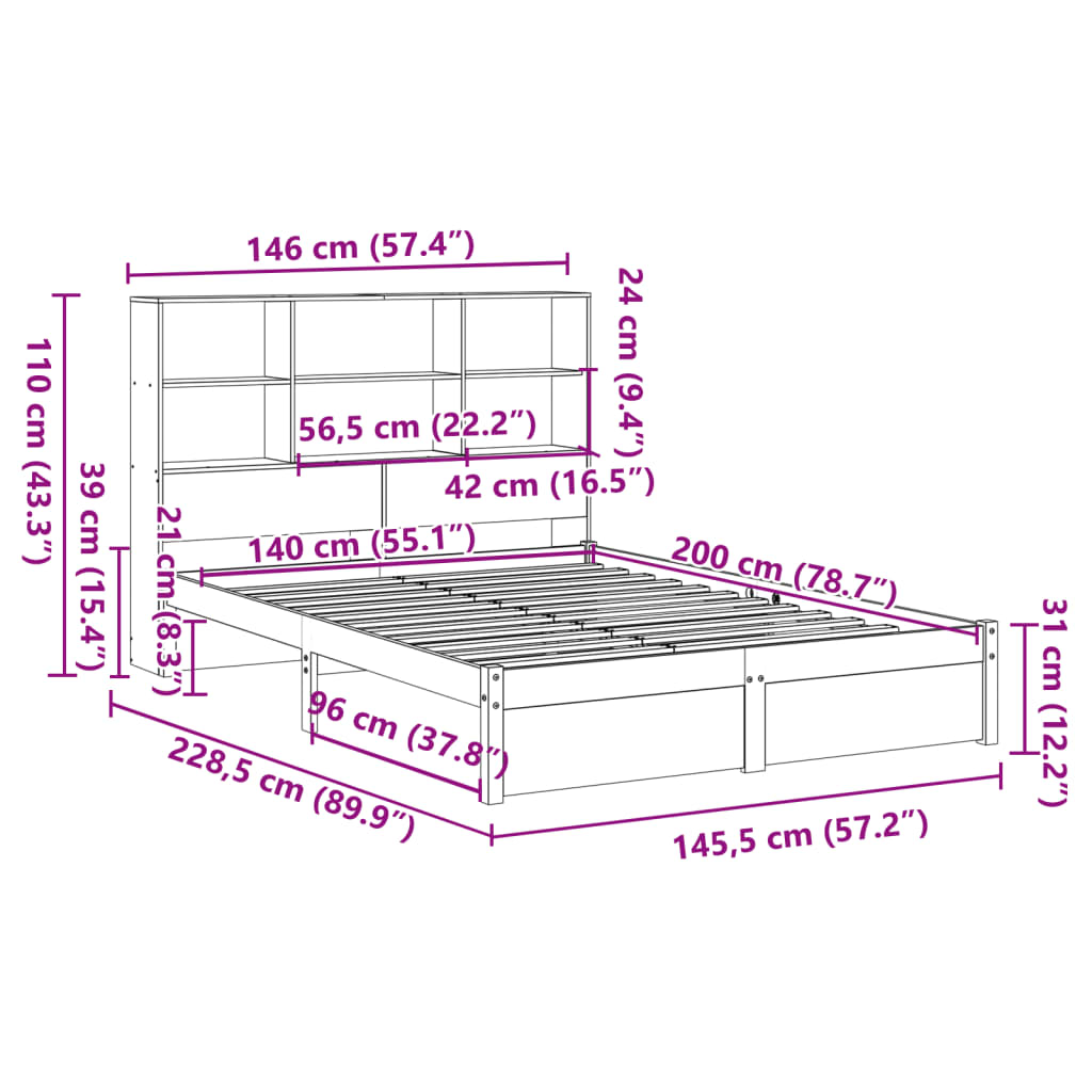 Bookcase Bed without Mattress White 140x200cm Solid Wood Pine