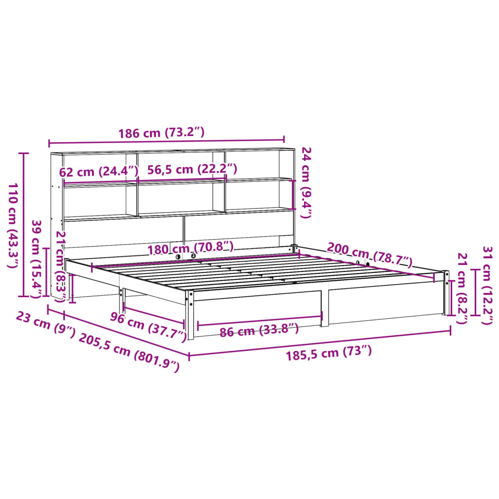 Bookcase Bed without Mattress White 180x200cm Super King Solid Wood Pine