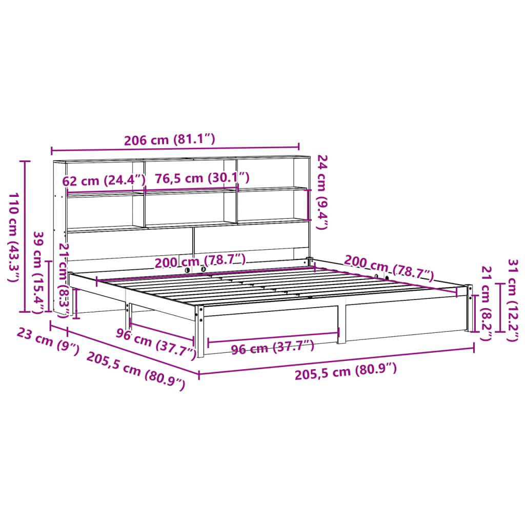 Bookcase Bed without Mattress White 200x200cm Solid Wood Pine