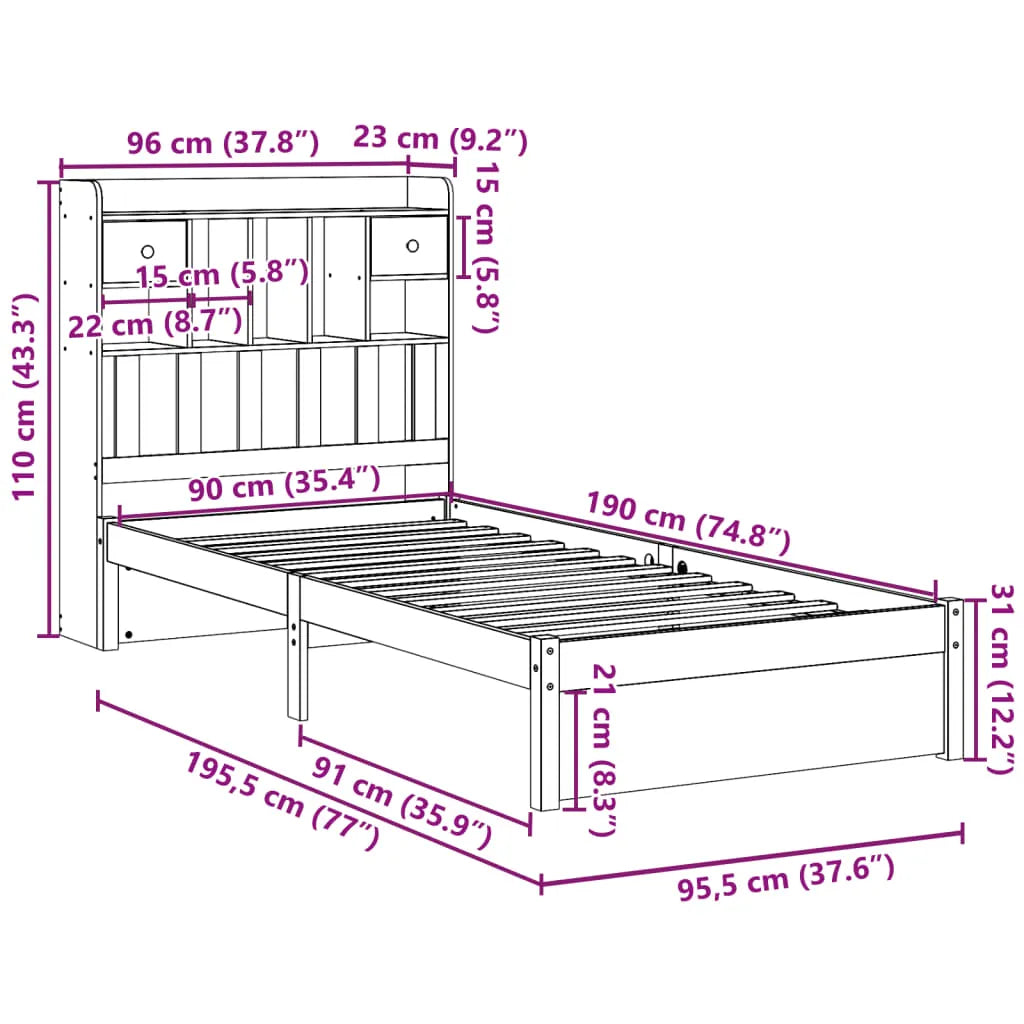 Bookcase Bed without Mattress 90x190cm Single Solid Wood Pine