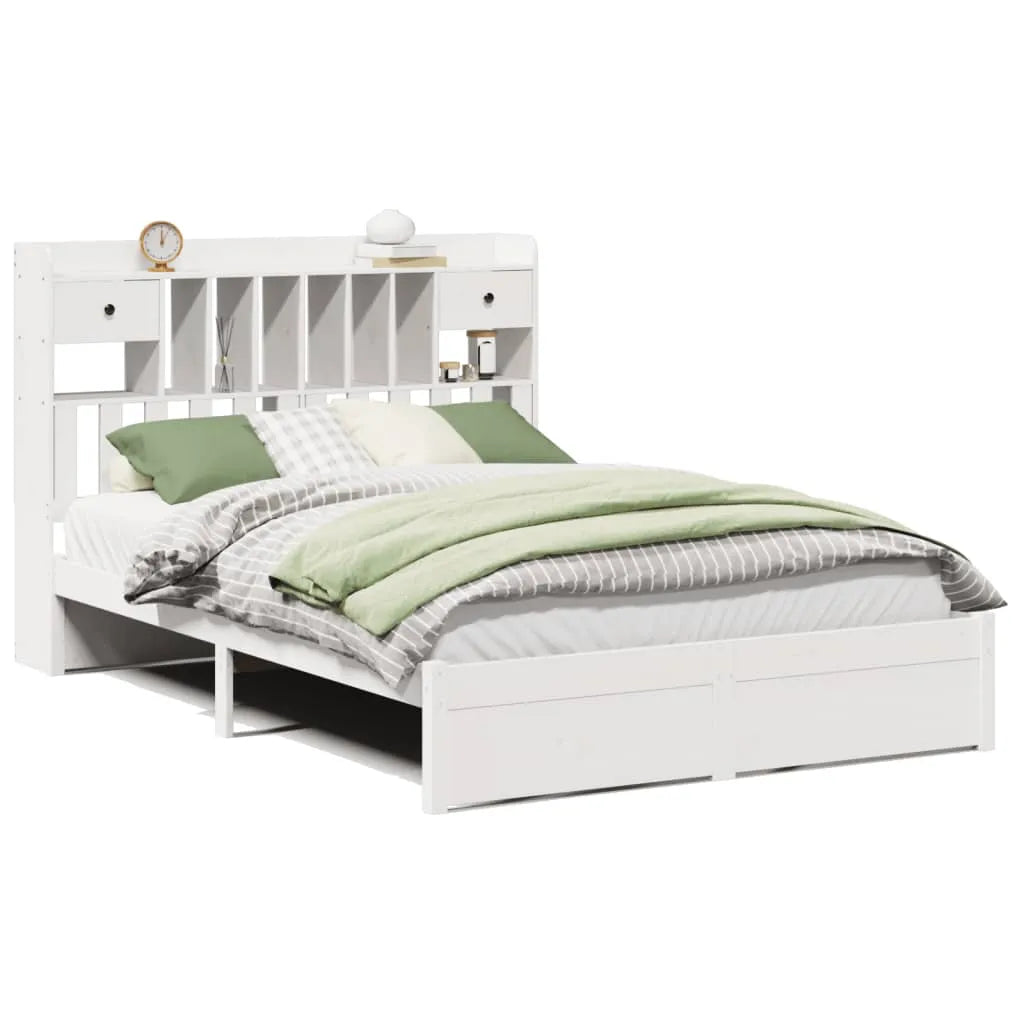 Bookcase Bed without Mattress White 150x200cm King Size Solid Wood Pine