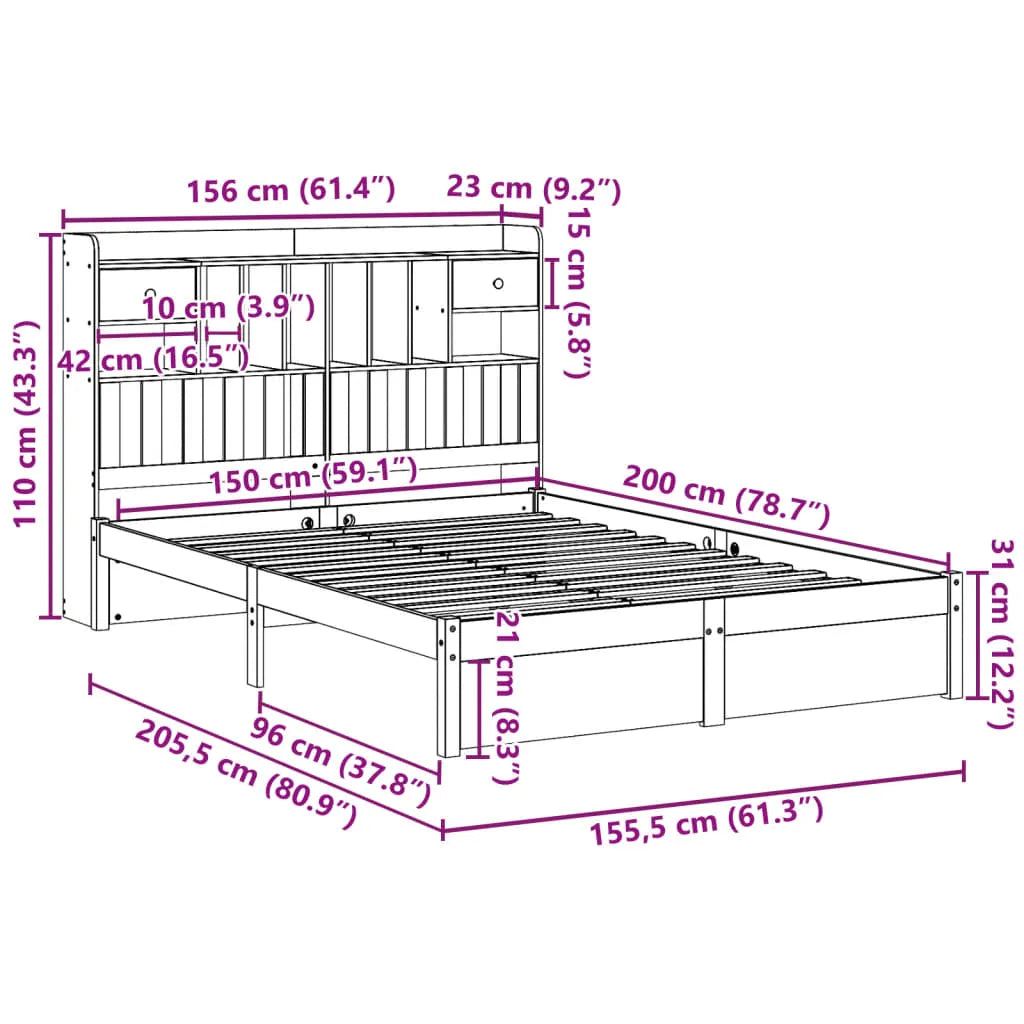 Bookcase Bed without Mattress White 150x200cm King Size Solid Wood Pine