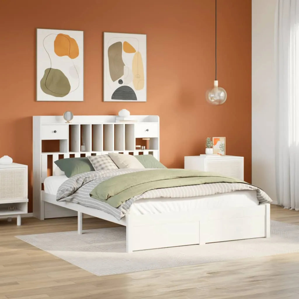 Bookcase Bed without Mattress White 150x200cm King Size Solid Wood Pine