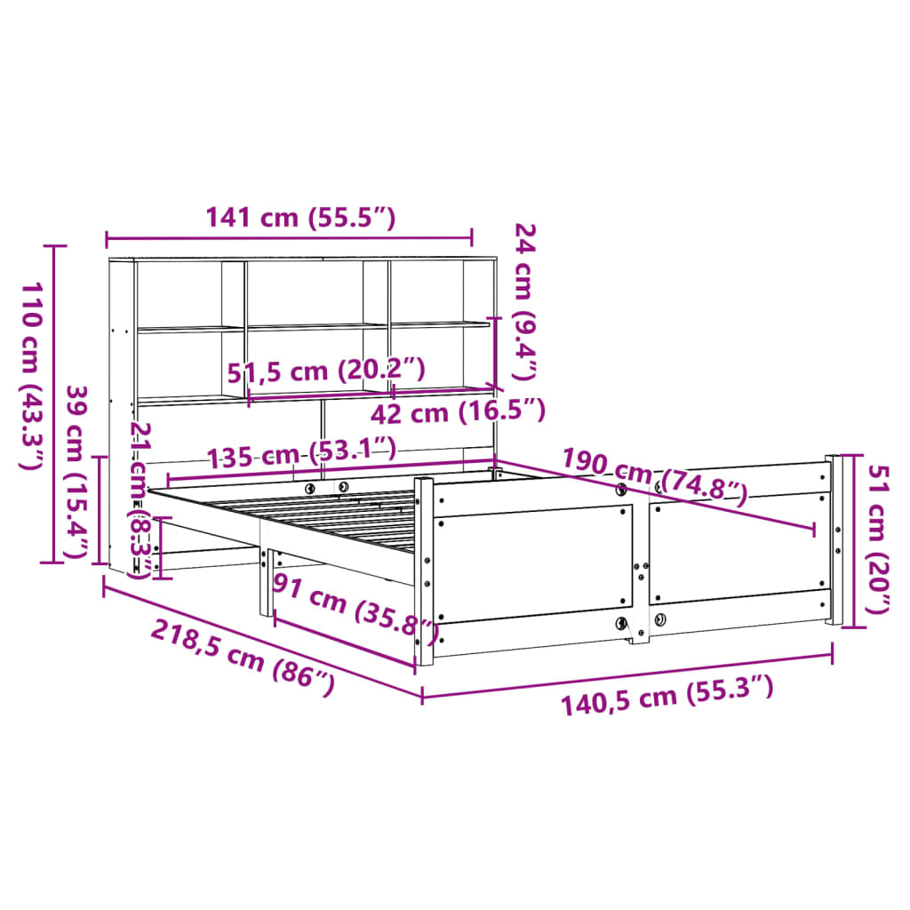 Bookcase Bed without Mattress White 135x190 cm Double Solid Wood Pine