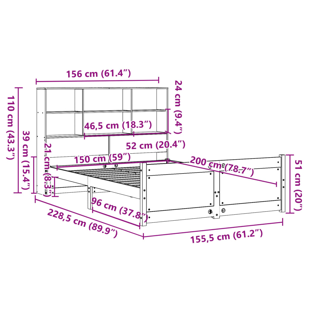 Bookcase Bed without Mattress White 150x200 cm King Size Solid Wood Pine