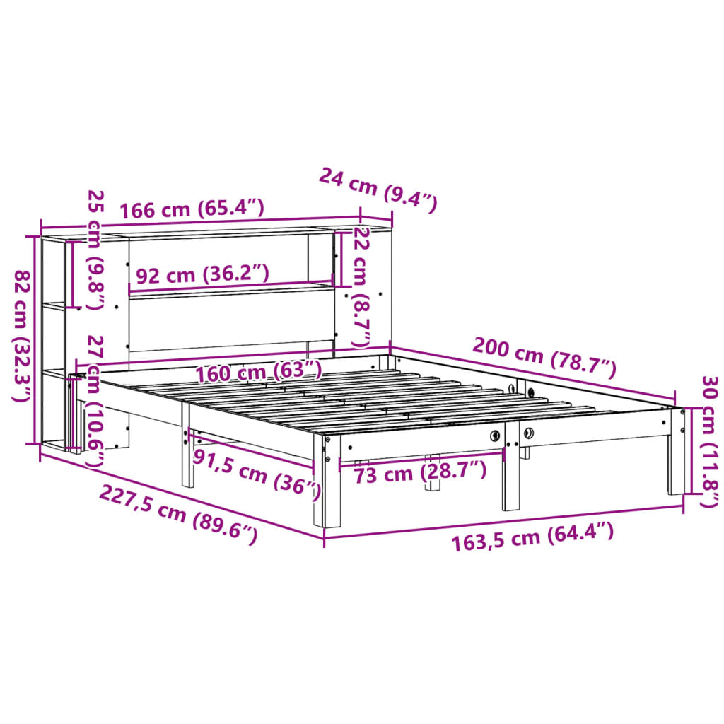 Bookcase Bed without Mattress 160x200cm Solid Wood Pine