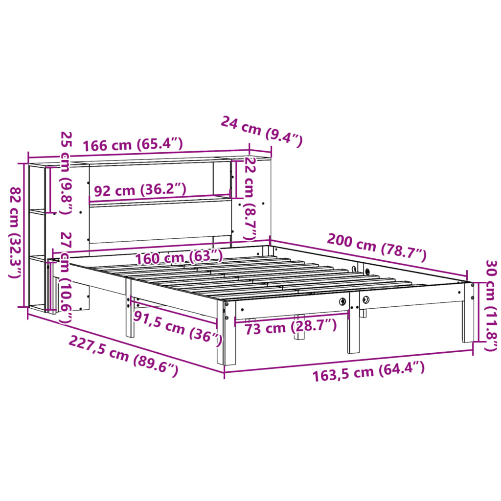 Bookcase Bed without Mattress White 160x200cm Solid Wood Pine