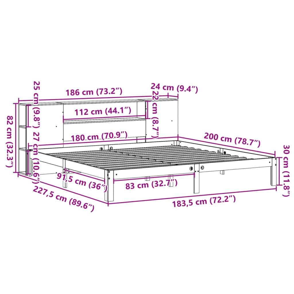 Bookcase Bed without Mattress White 180x200 cm Super King Solid Wood Pine