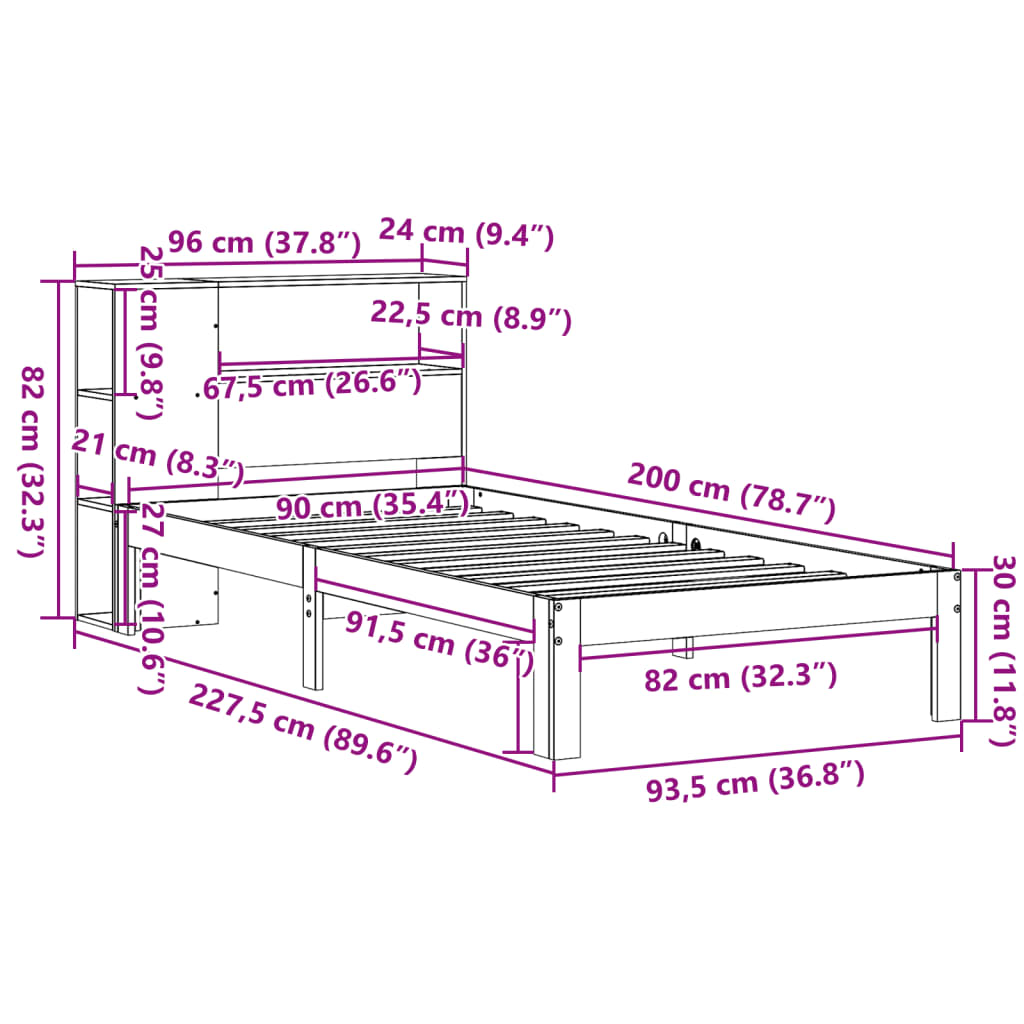 Bookcase Bed without Mattress 90x200cm Solid Wood Pine