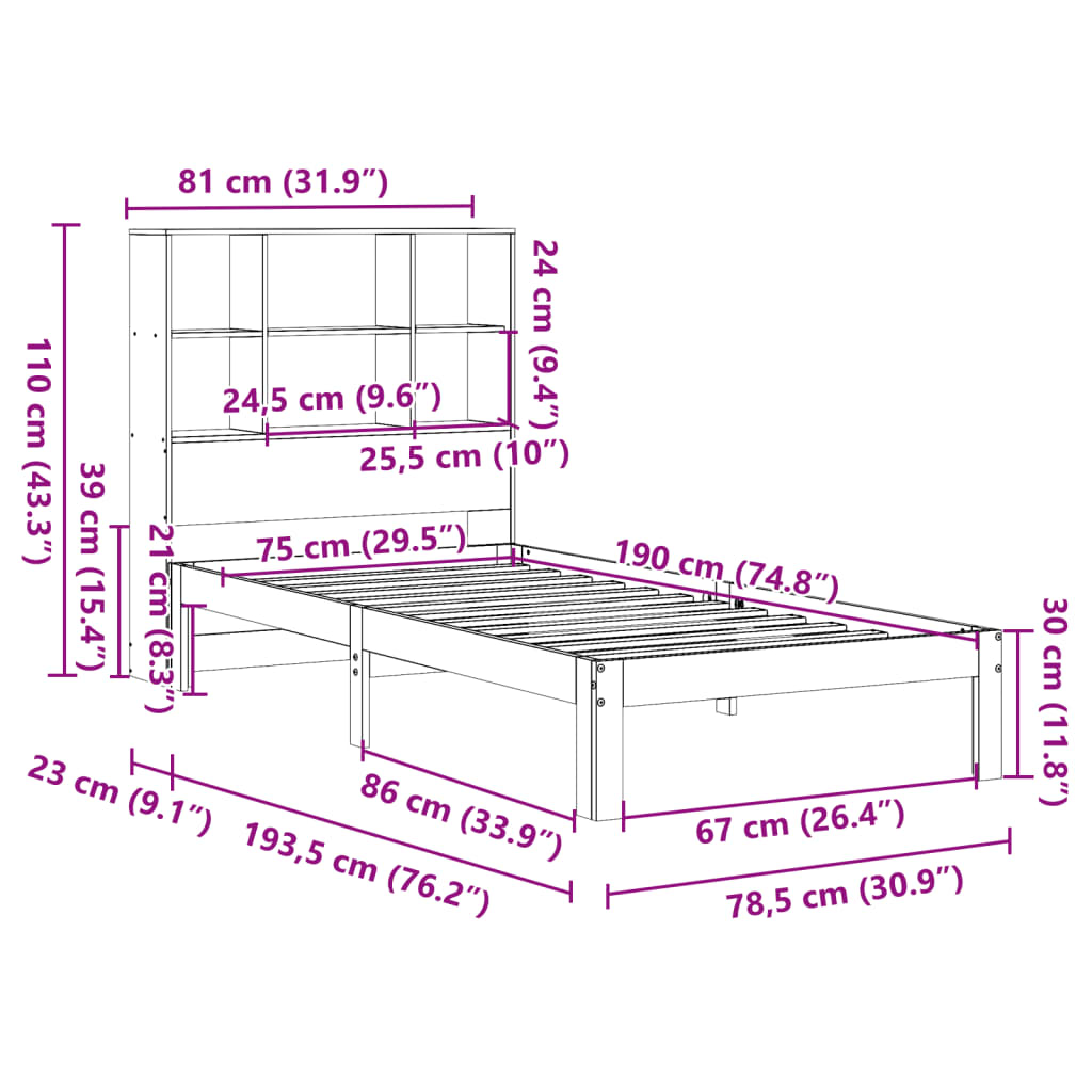 Bookcase Bed without Mattress 75x190 cm Small Single Solid Wood Pine