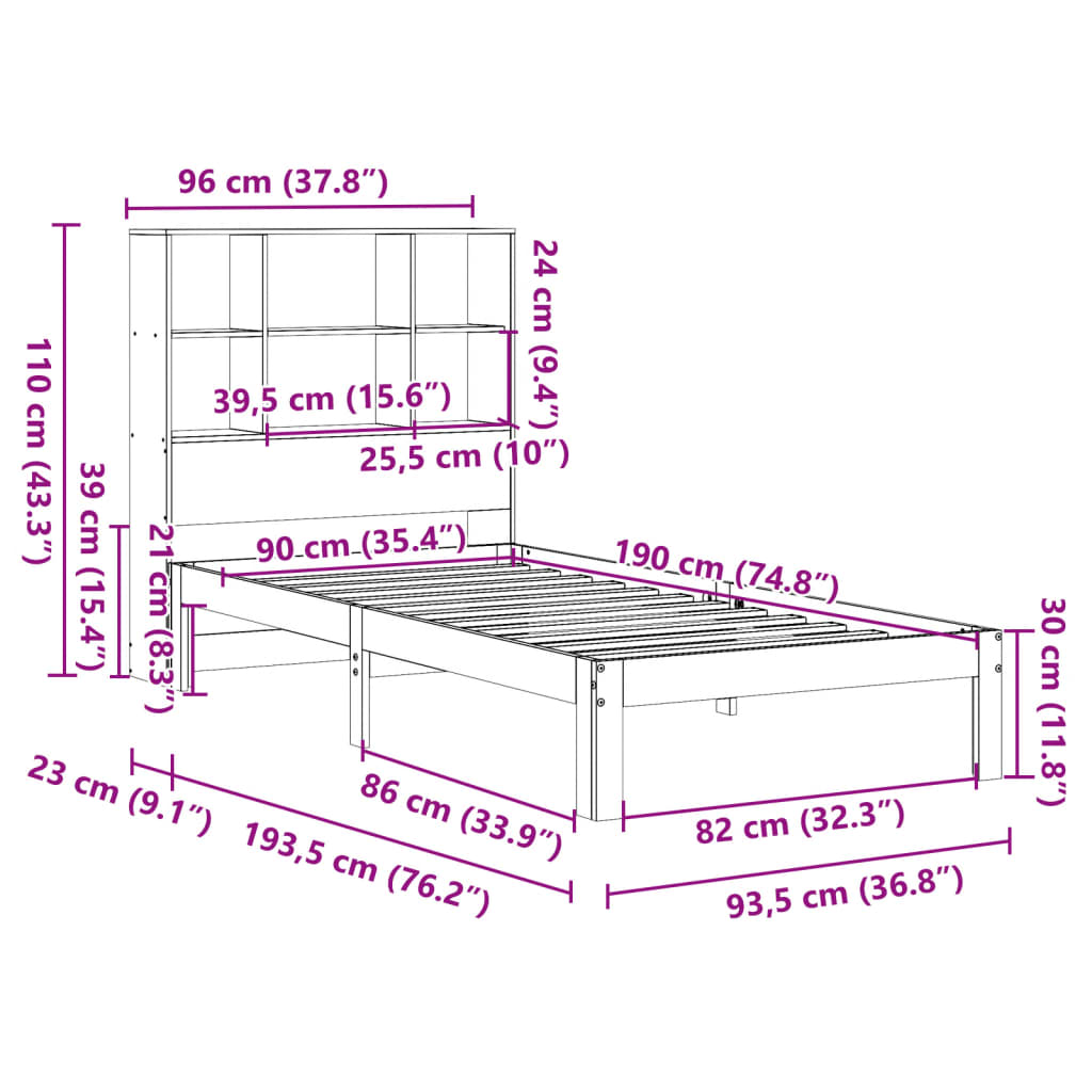 Bookcase Bed without Mattress 90x190 cm Single Solid Wood Pine