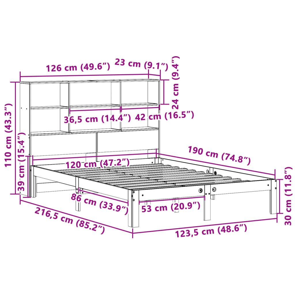 Bookcase Bed without Mattress 120x190 cm Small Double Solid Wood Pine