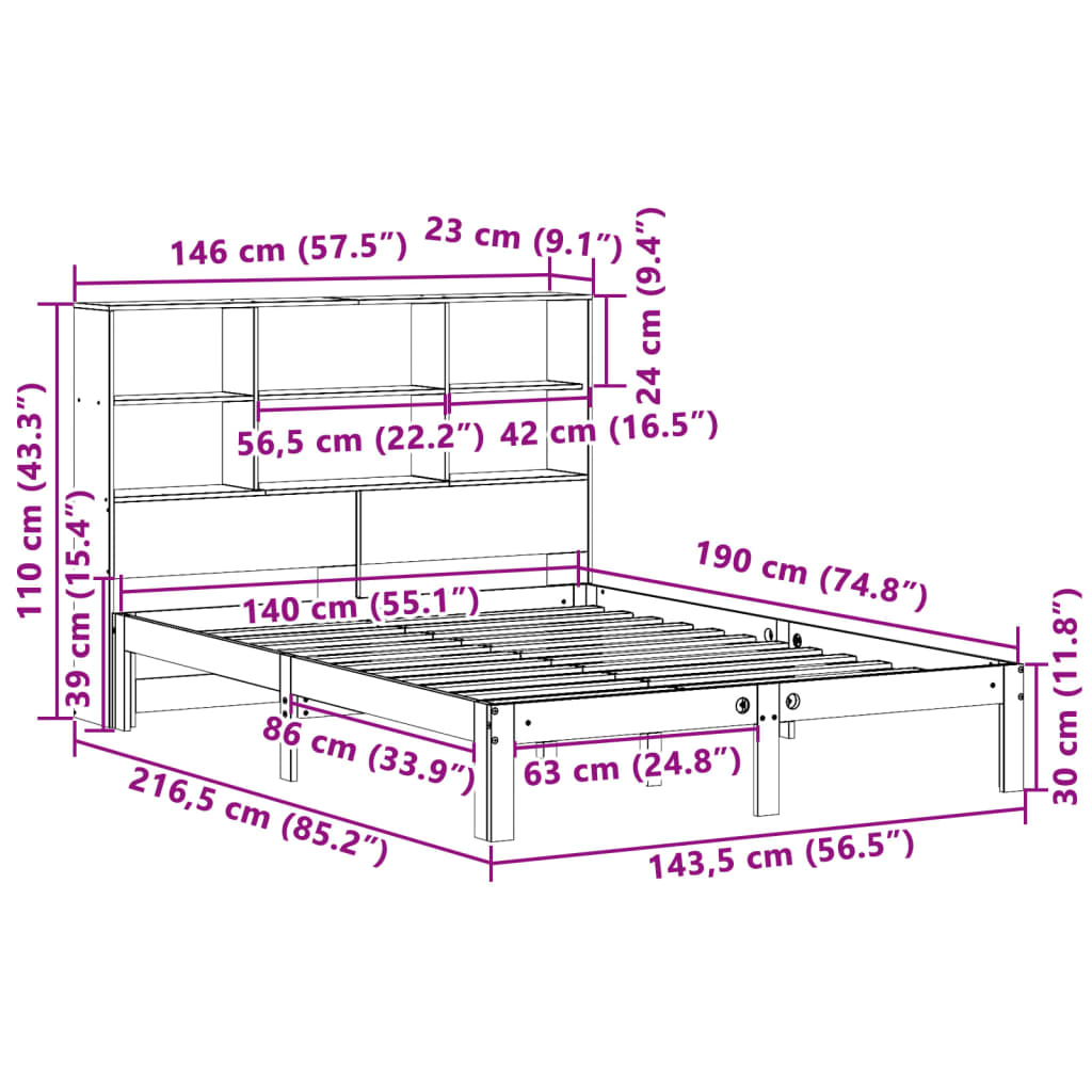 Bookcase Bed without Mattress 140x190cm Solid Wood Pine