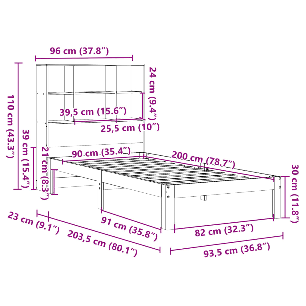 Bookcase Bed without Mattress White 90x200cm Solid Wood Pine